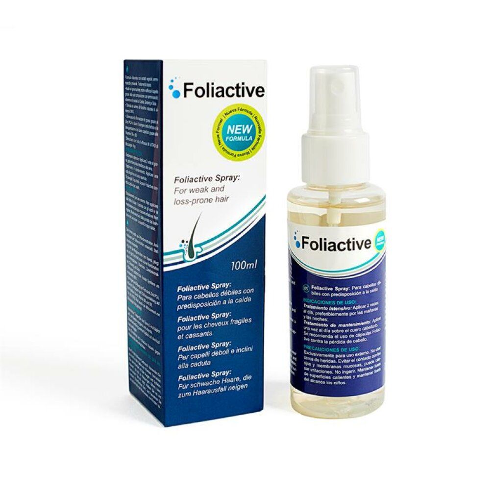 Foliactive Spray fles en verpakking. Fles met verstuiver, transparante vloeistof. Verpakking met productinformatie.