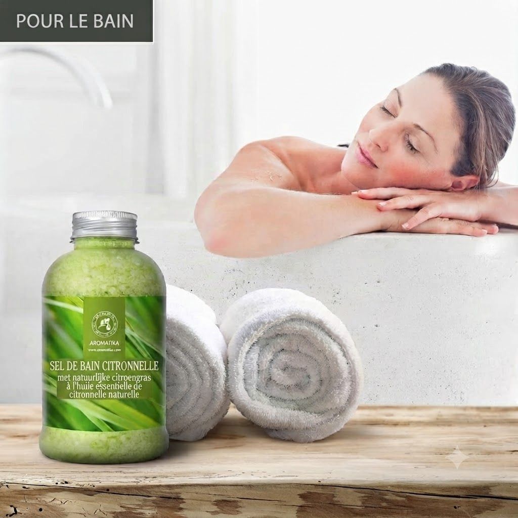 Bouteille de sel de bain verte avec étiquette indiquant "SEL DE BAIN CITRONNELLE".
