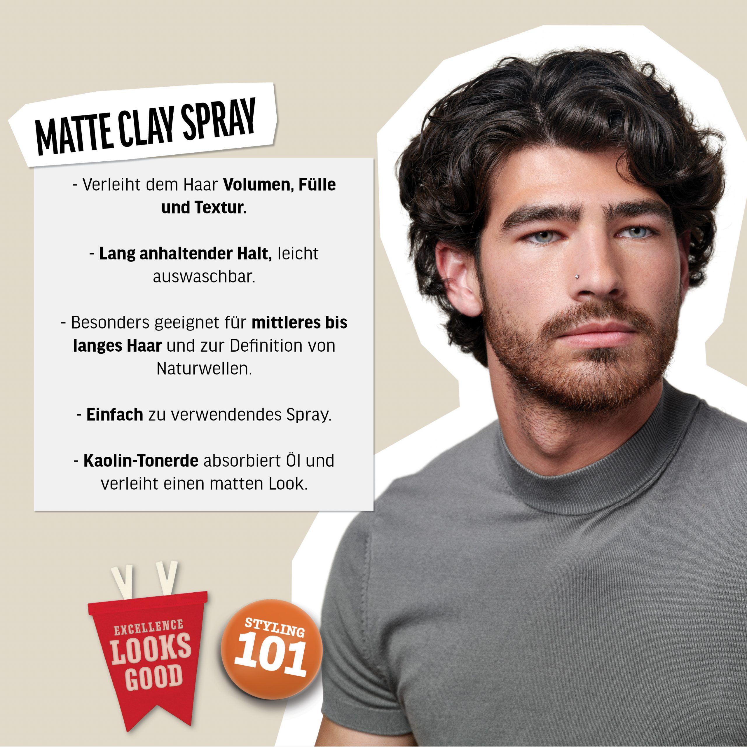 Man met krullend haar. Tekst: MATTE CLAY SPRAY. Voordelen: volume, hold, gemakkelijk uitwasbaar, voor middellang haar.