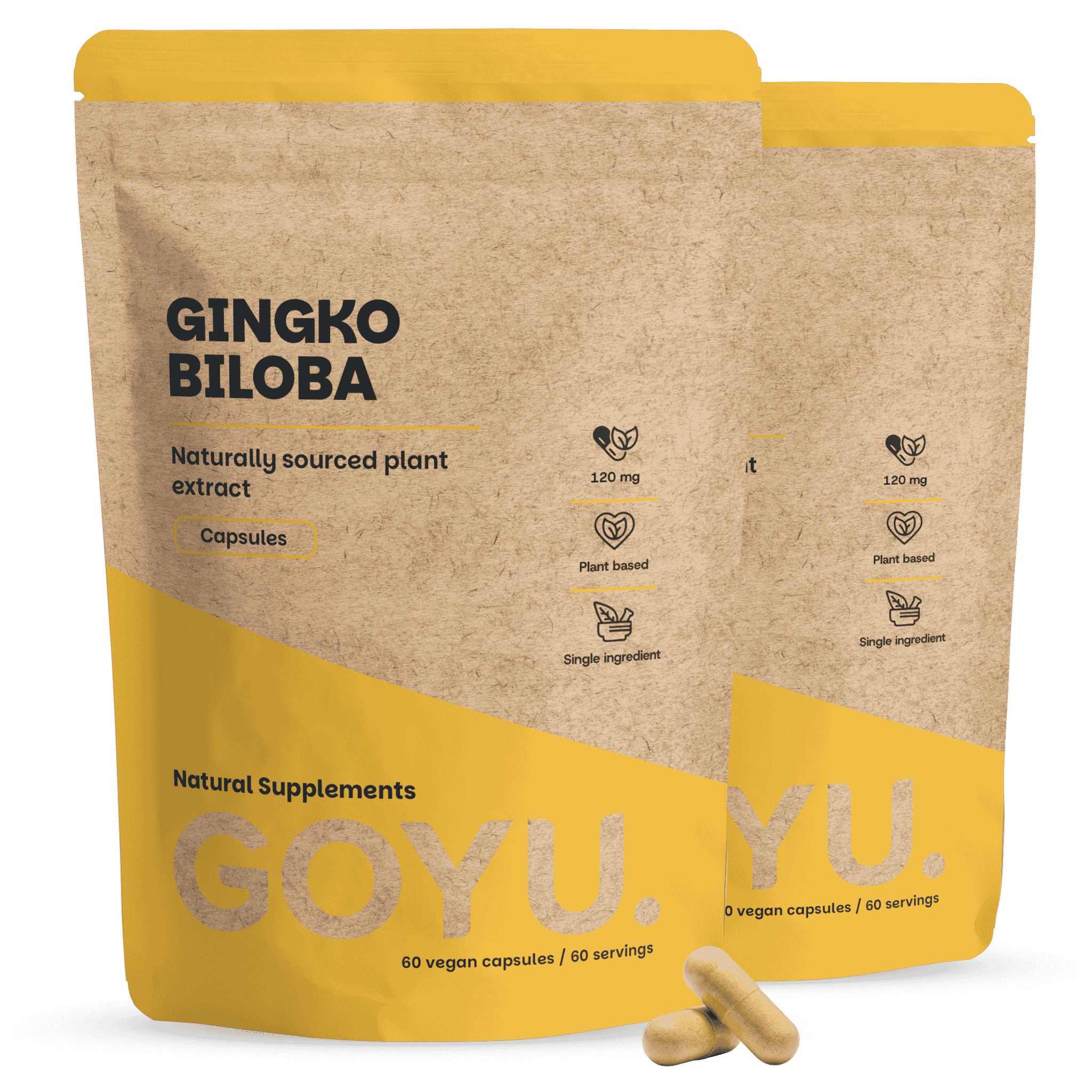 Deux paquets de capsules GOYU Gingko Biloba, 60 capsules végétales par paquet. Extrait naturel de plante.