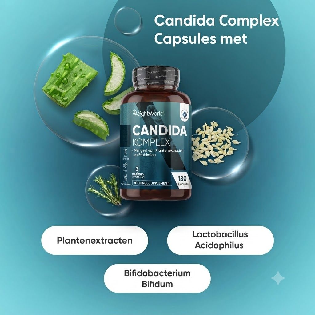 Fles WeightWorld Candida Komplex capsules, 180 capsules. Bevat plantenextracten en probiotica.