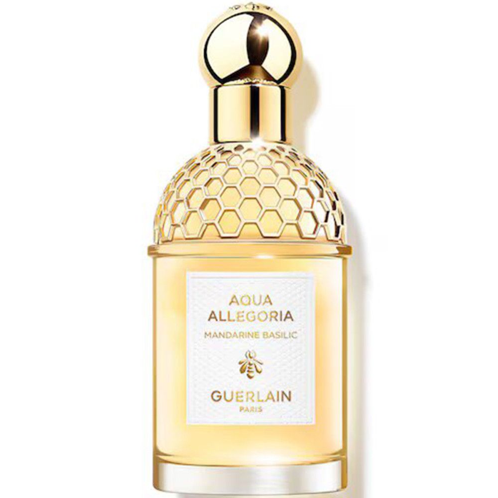 Parfumfles. Opschrift: Aqua Allegoria Mandarine Basilic, Guerlain Paris. Gouden dop.