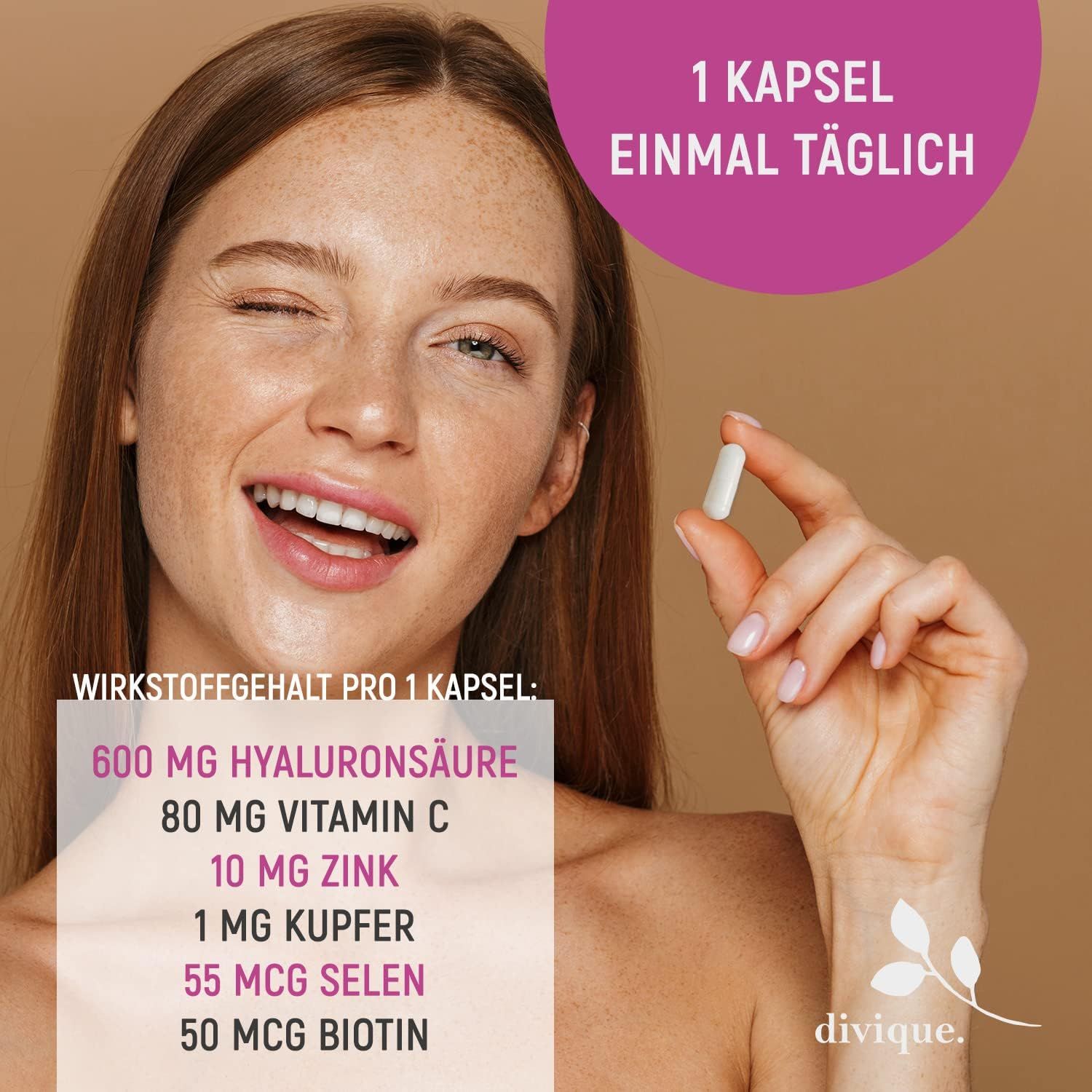 Vrouw met capsule. Tekst: 600 mg hyaluronzuur, 80 mg vitamine C, 10 mg zink, 1 mg koper, 55 mcg selenium, 50 mcg biotine. divique.