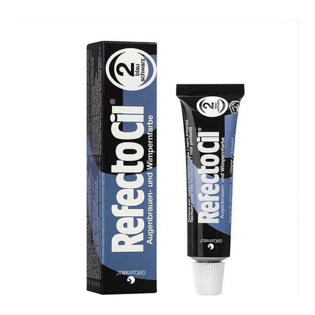 Refectocil Wimpernfarbe blauschwarz 2 tube en verpakking. Tube met zwarte dop. Verpakking met productnaam en informatie.