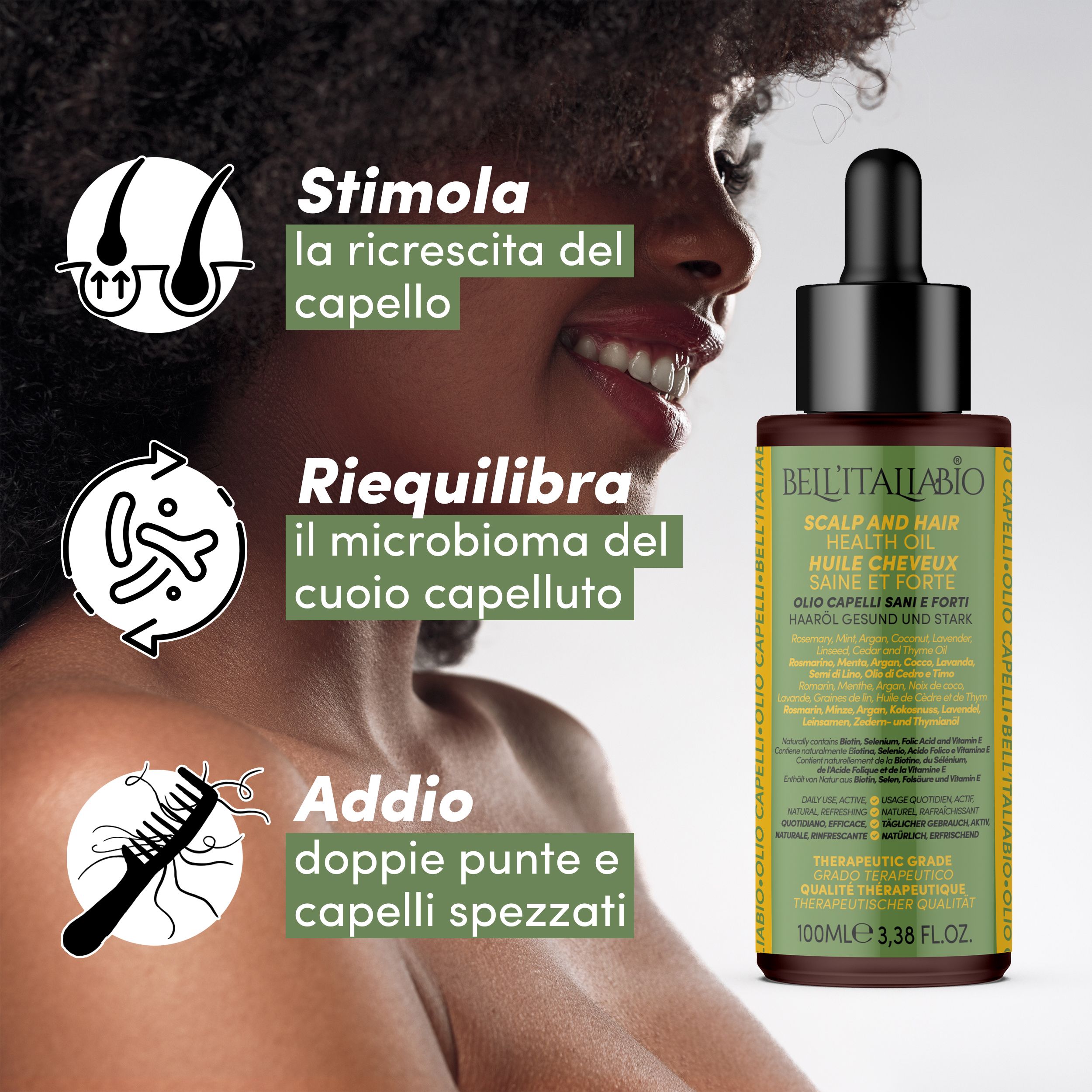 Haarolie fles met druppelaar. Tekst: Stimola la ricrescita del capello, Riequilibra il microbioma del cuoio capelluto, Addio doppie punte e capelli spezzati.