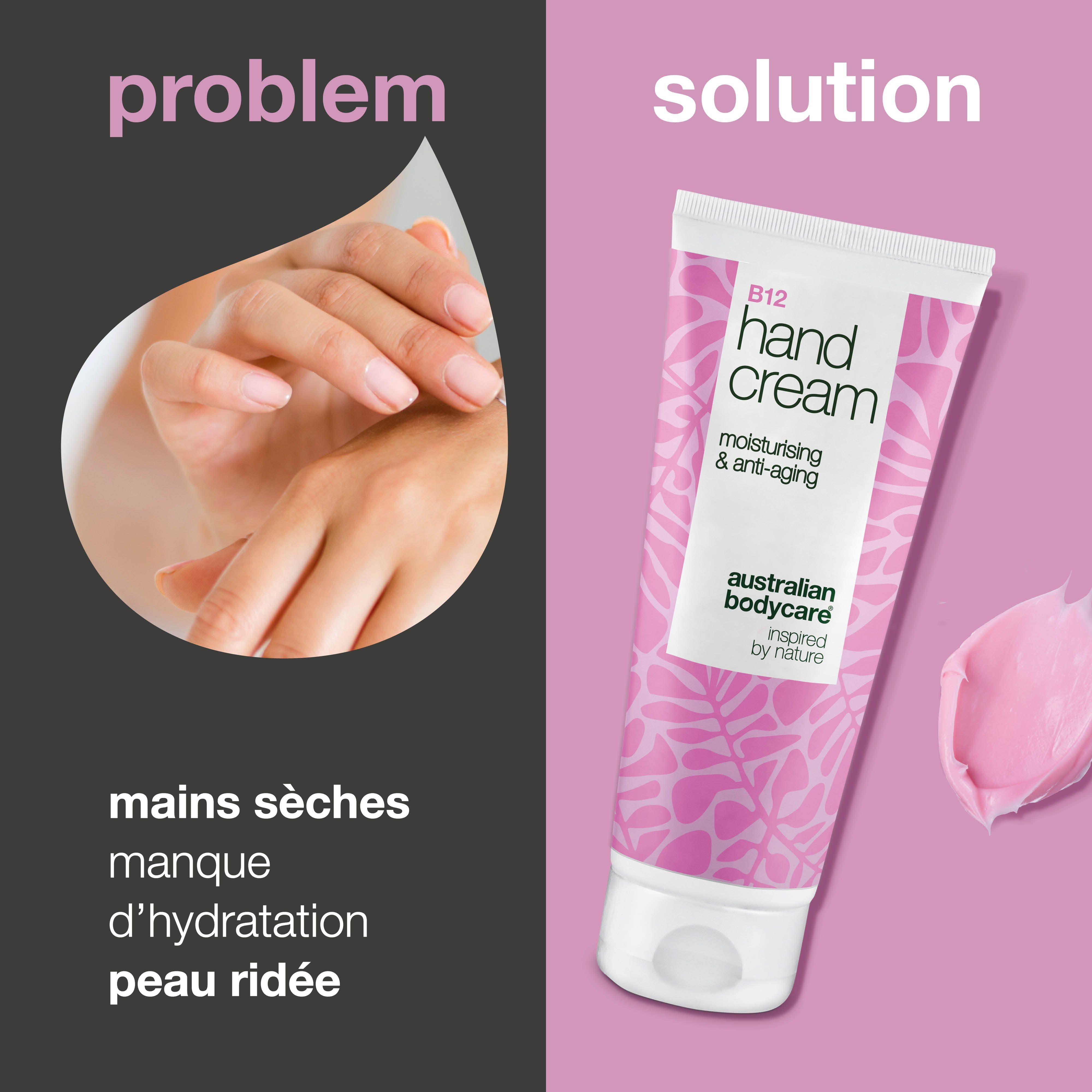 Crème pour les mains B12, hydratante et anti-âge. Crème rose à côté des mains. Marque : Australian Bodycare. Texte : Problème/Solution.