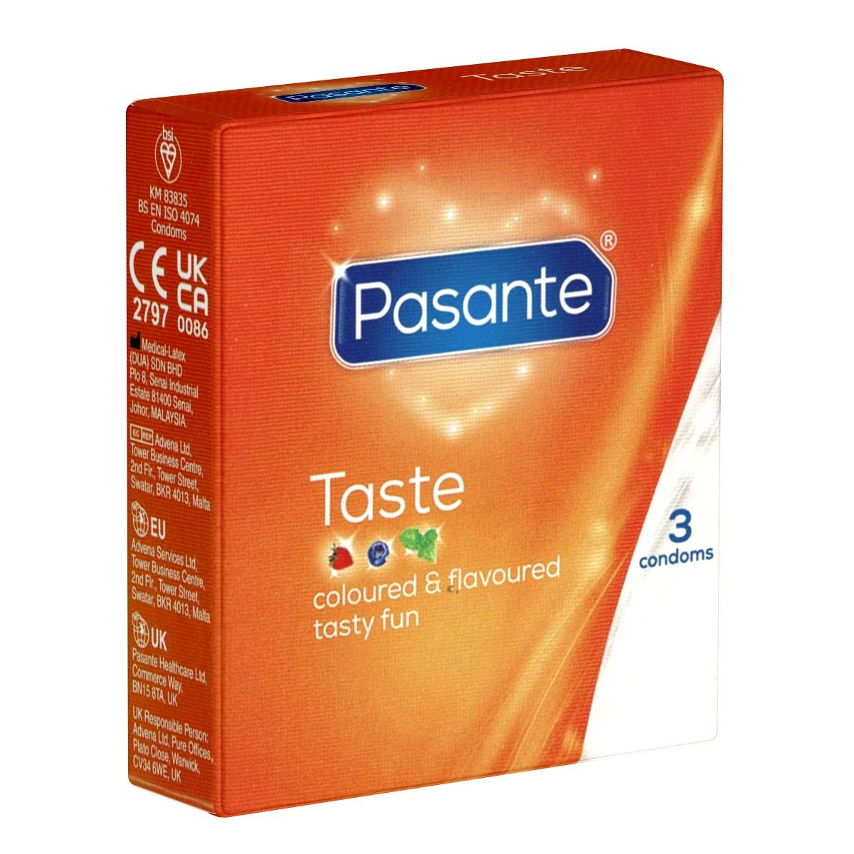 Boîte orange Pasante Taste, 3 préservatifs. Texte: coloured & flavoured tasty fun.