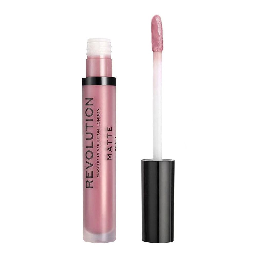 Flacon de gloss avec applicateur ouvert. Teinte rose. Inscription: Makeup Revolution London, Matte.