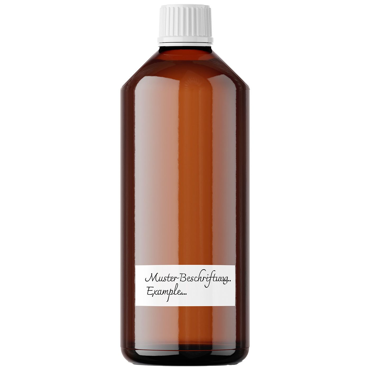 Flacon de laboratoire brun avec bouchon à vis blanc et étiquette. L'étiquette indique "Muster-Beschriftung Example...".
