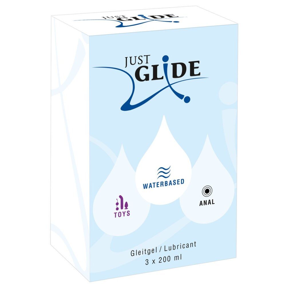 Emballage JUST GLIDE gel lubrifiant, 3x 200 ml, avec symboles Toys, Waterbased et Anal.