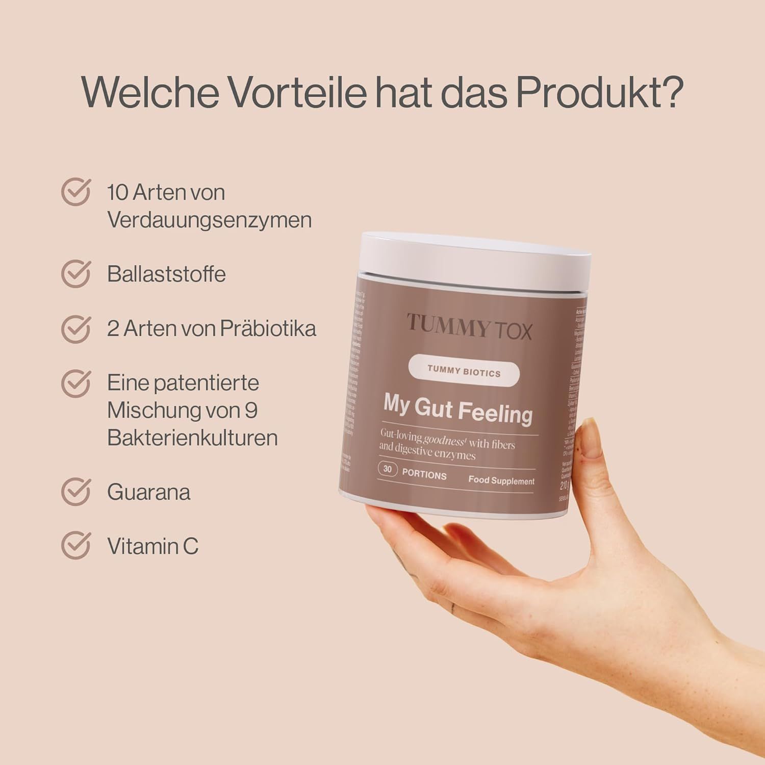 Produit "My Gut Feeling" de Tummy Tox. Pot tenu en main. Ingrédients : 10 enzymes digestives, fibres, 2 prébiotiques, 9 cultures bactériennes, guarana, vitamine C.
