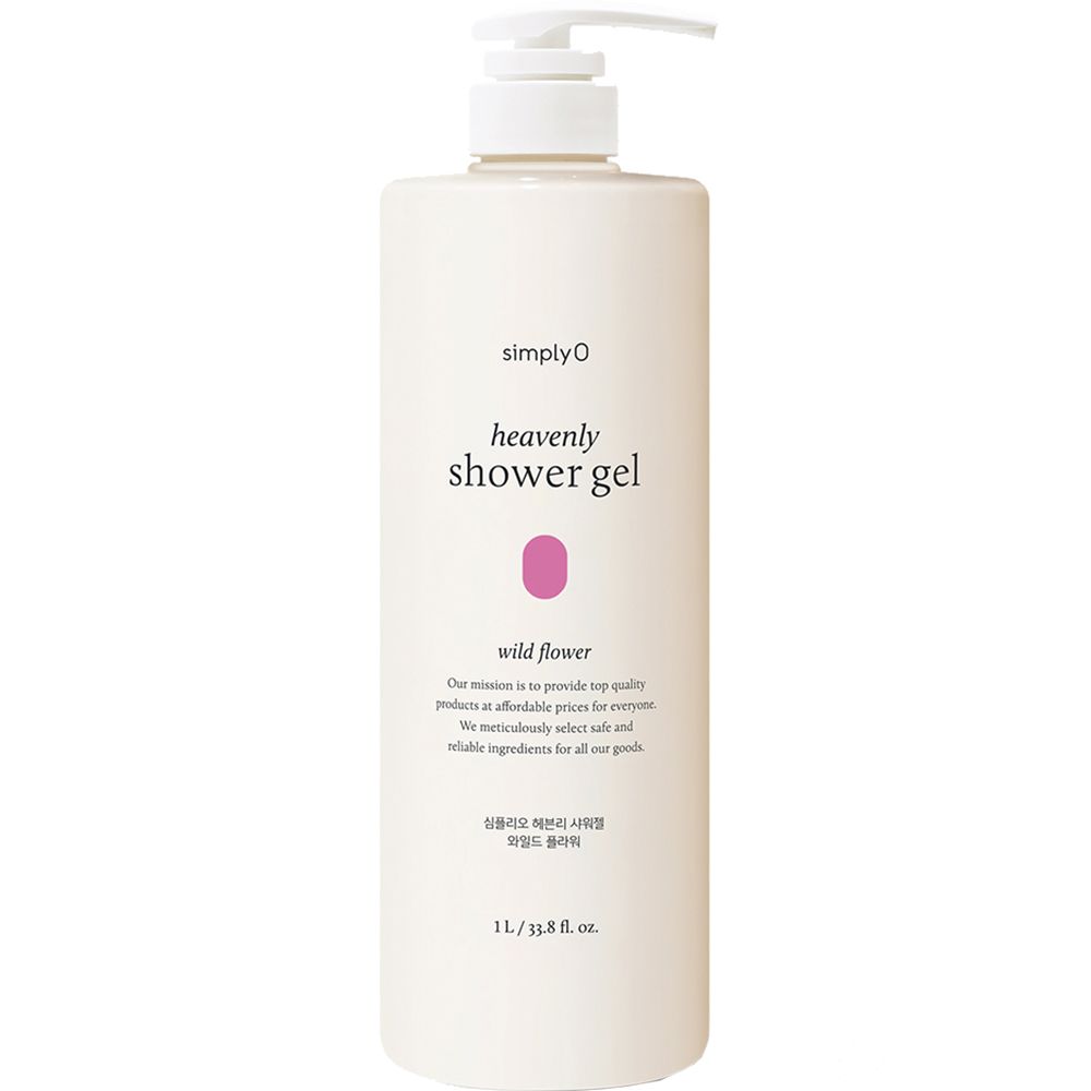 Flacon beige avec pompe blanche. Inscription: heavenly shower gel, wild flower. Icône fleur rose. Texte anglais et coréen. 1L/33.8 fl. oz.