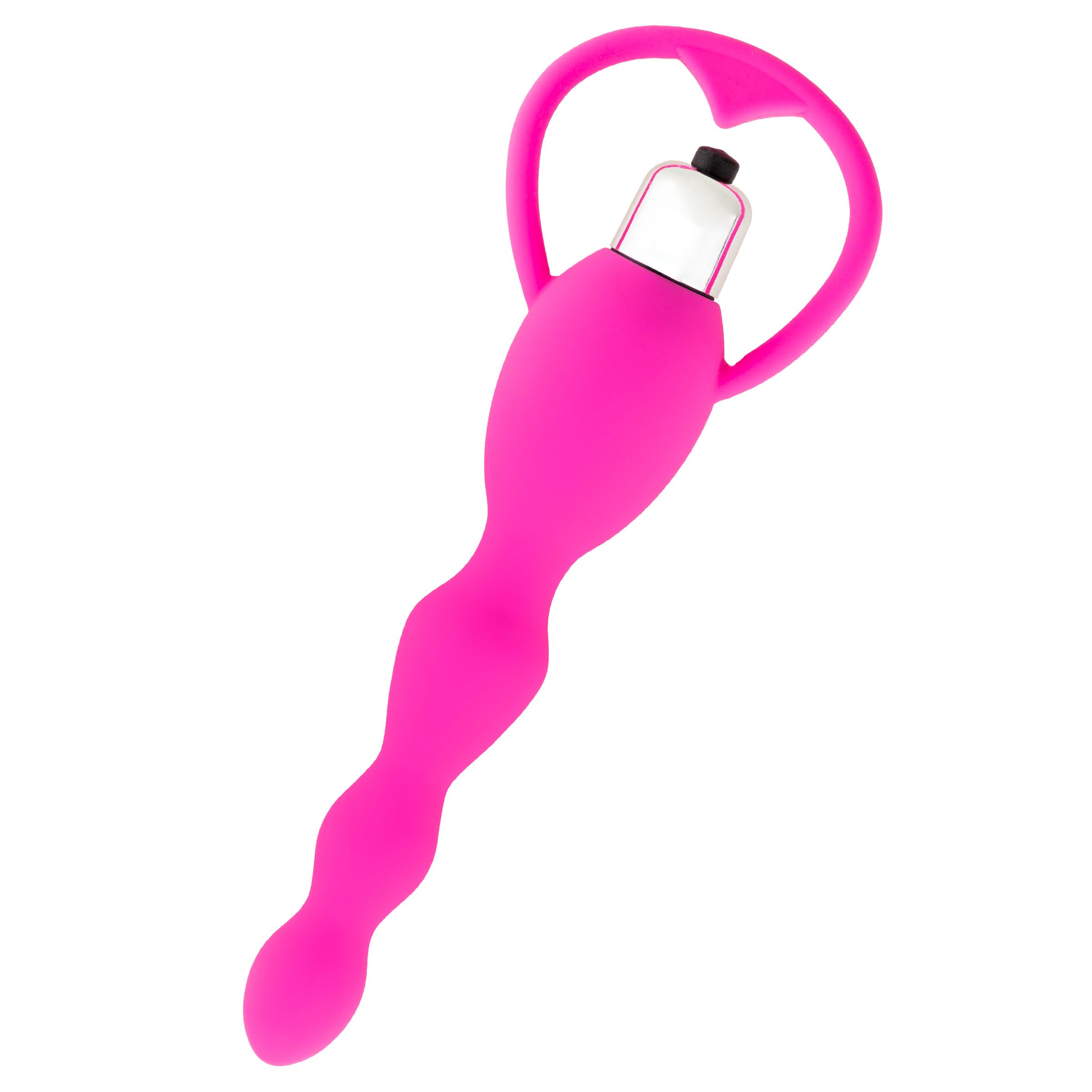 Vibrateur rose avec tige ondulée et poignée en forme de cœur. Partie supérieure avec élément argenté.