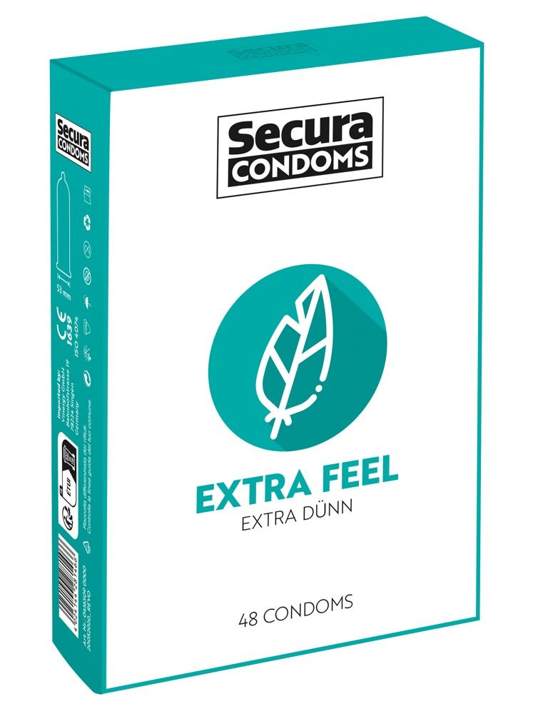 Boîte de préservatifs Secura Extra Feel, 48 unités. Fin et avec symbole feuille.