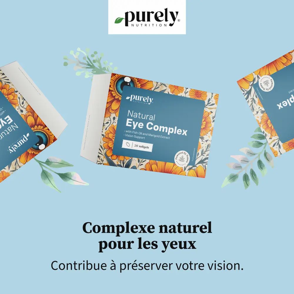 Trois boîtes de Purely Natural Eye Complex. Texte : Complexe naturel pour les yeux. Fond bleu avec motif floral.