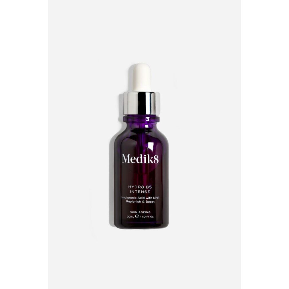 Flacon en verre violet avec pipette. Logo Medik8 et nom du produit. Texte : HYDR8 B5 INTENSE, Skin Ageing.