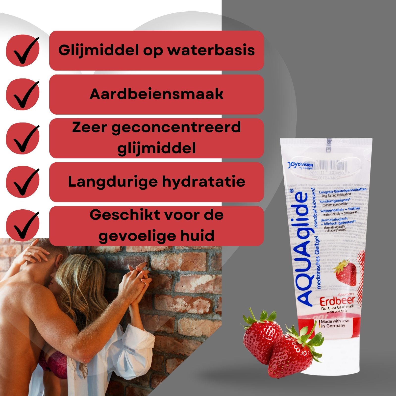 Tube glijmiddel AQUAglide aardbei. Op waterbasis, aardbeiensmaak. Voor anale seks. Aardbeien op de achtergrond.
