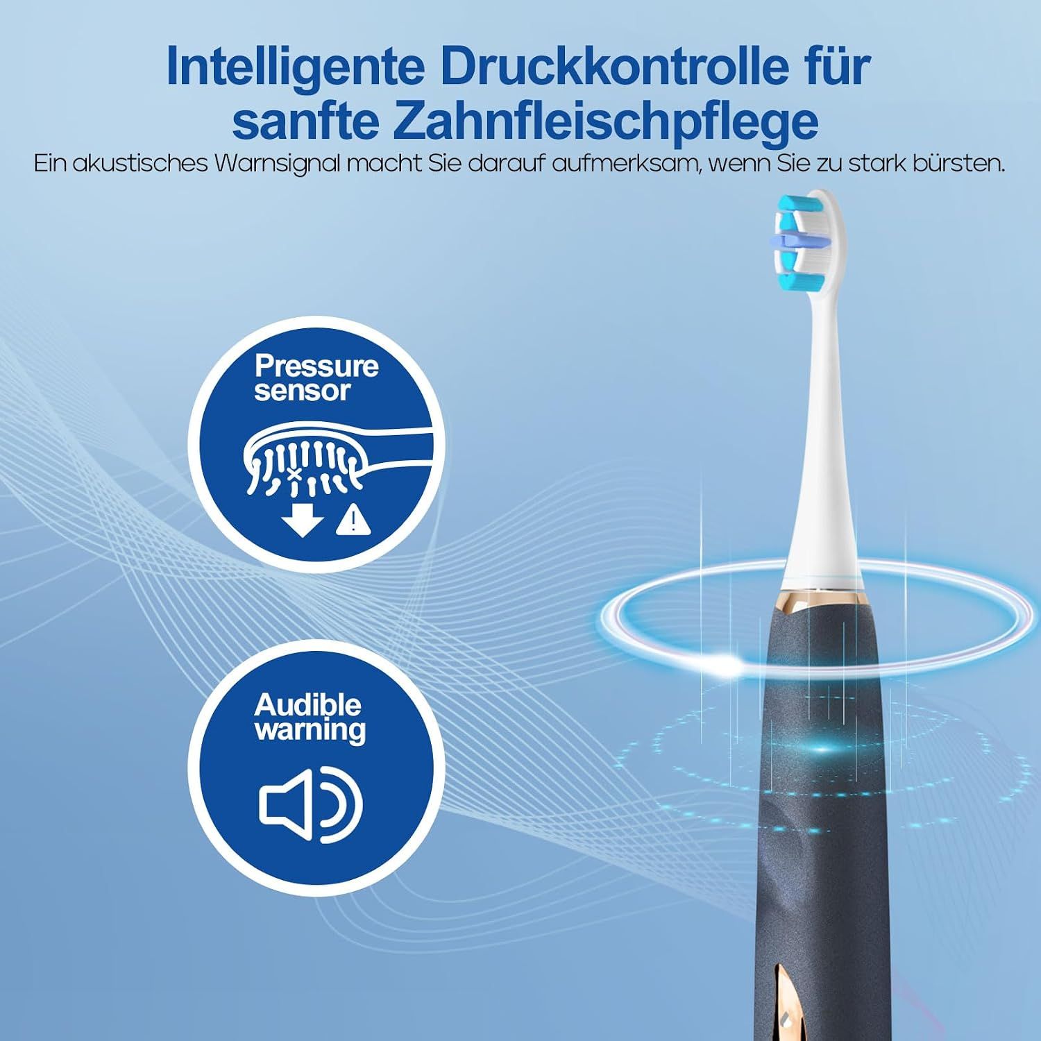 Brosse à dents électrique avec capteur de pression et avertisseur sonore pour un soin doux des gencives.