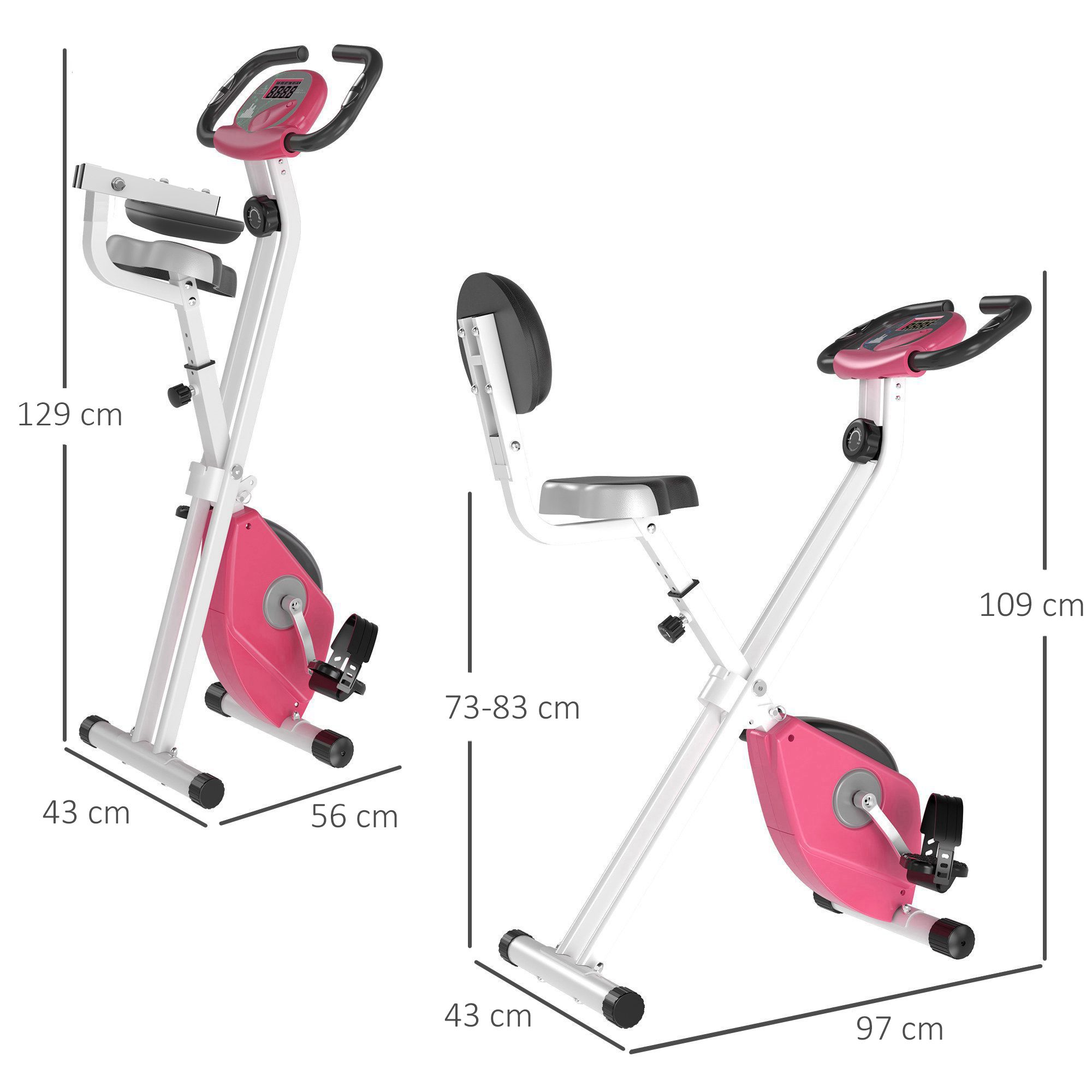 Opvouwbare hometrainer, wit en roze. Afmetingen: 129x43x56 cm (uitgeklapt), 109x97x43 cm (opgevouwen). Voor- en zijaanzicht.