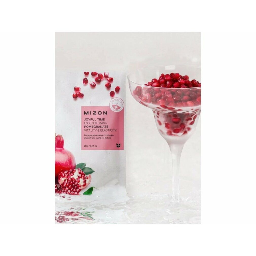 Verpakking MIZON Joyful Time Essence Mask Melograno naast glas met granaatappelzaden. Tekst: Joyful Time, Pomegranate, Vitality & Firming.
