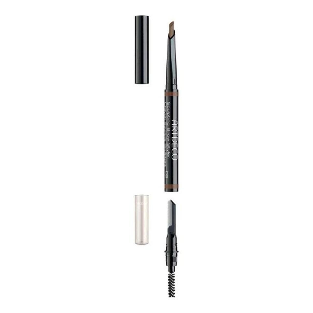 Artdeco Sculpting Brow Styler. Donkerbruin wenkbrauwpotlood met borstel en dop. Zwart potlood met zilveren tekst.