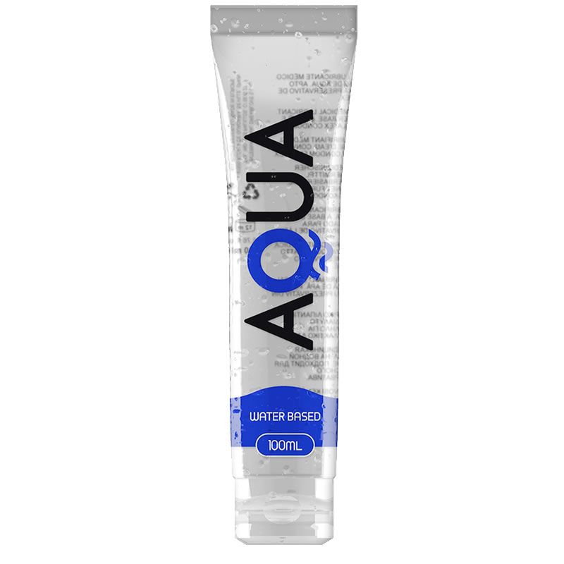 Lubrifiant AQUA à base d'eau dans un tube transparent avec une étiquette bleue.