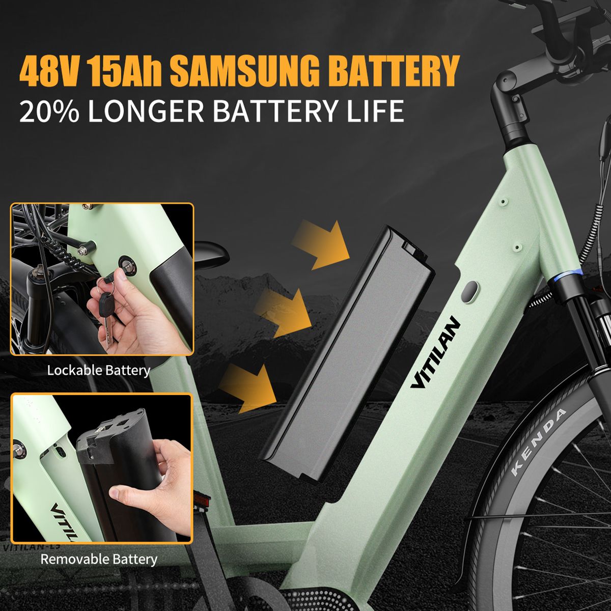 Detail van de batterij van de Vitilan L5 e-bike. De batterij is uitneembaar en afsluitbaar. Tekst: 48V 15Ah SAMSUNG BATTERY.