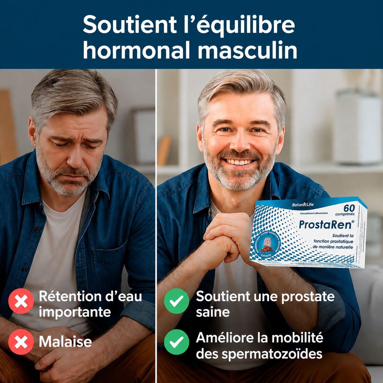 Homme triste à gauche, homme souriant tenant une boîte de "ProstaRen" 60 comprimés à droite.