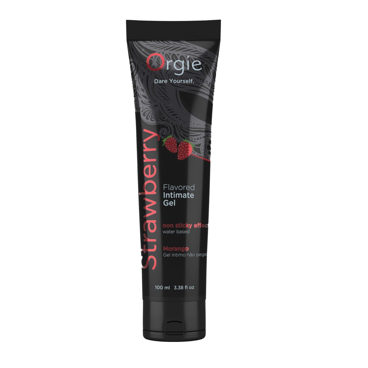 Zwarte tube met rode tekst "Strawberry". Merk "Orgie". Aardbeien illustratie. "Flavored Intimate Gel".