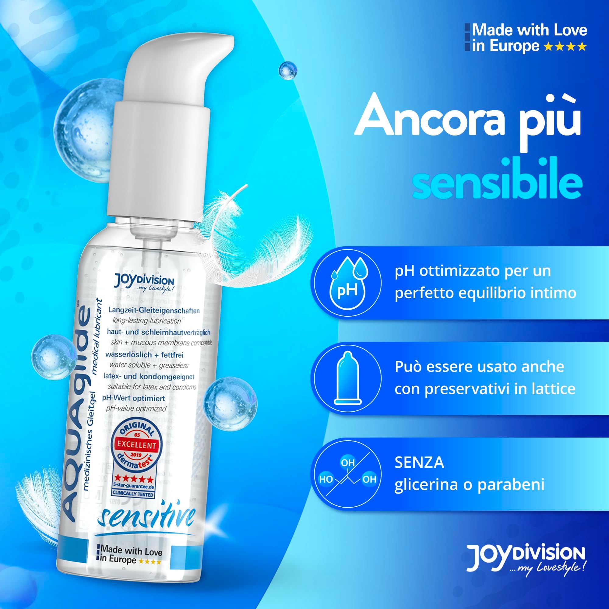 Lubrifiant Joydivision AQUAglide Sensitive, pH optimisé, sans glycérine/parabènes.