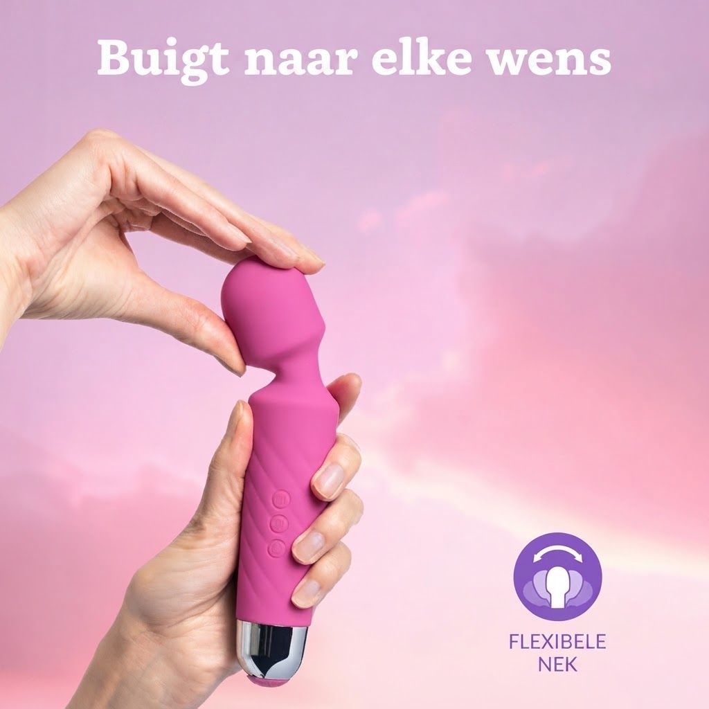 Roze vibrator met flexibele nek en zilveren uiteinde. Drie knoppen zichtbaar op het handvat.