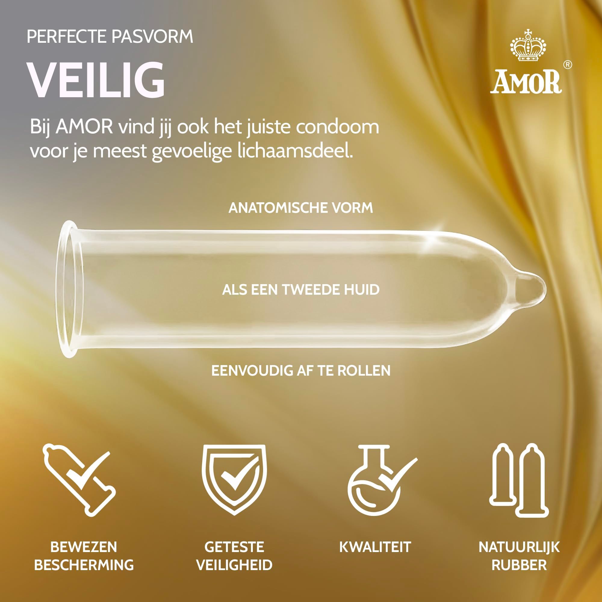 Een stapel individueel verpakte Amor Thin condooms op een gouden achtergrond. Een doos toont '100 stuks'.