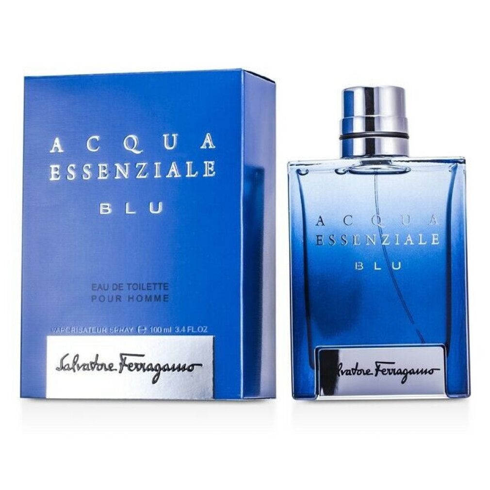 Blauwe parfumfles en doos. Opschrift: Acqua Essenziale Blu, Salvatore Ferragamo. Fles met zilveren dop.