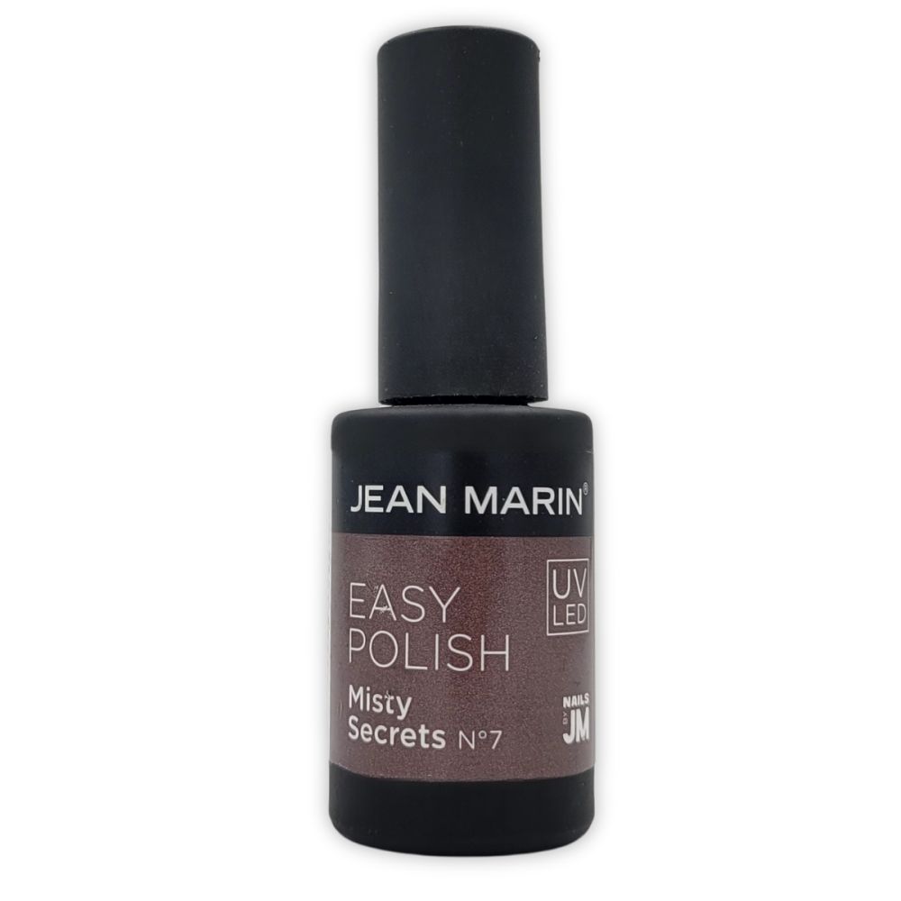 Flacon de vernis à ongles Jean Marin. Bouchon noir, liquide brun. Inscription: Easy Polish, Misty Secrets N°7, UV LED.