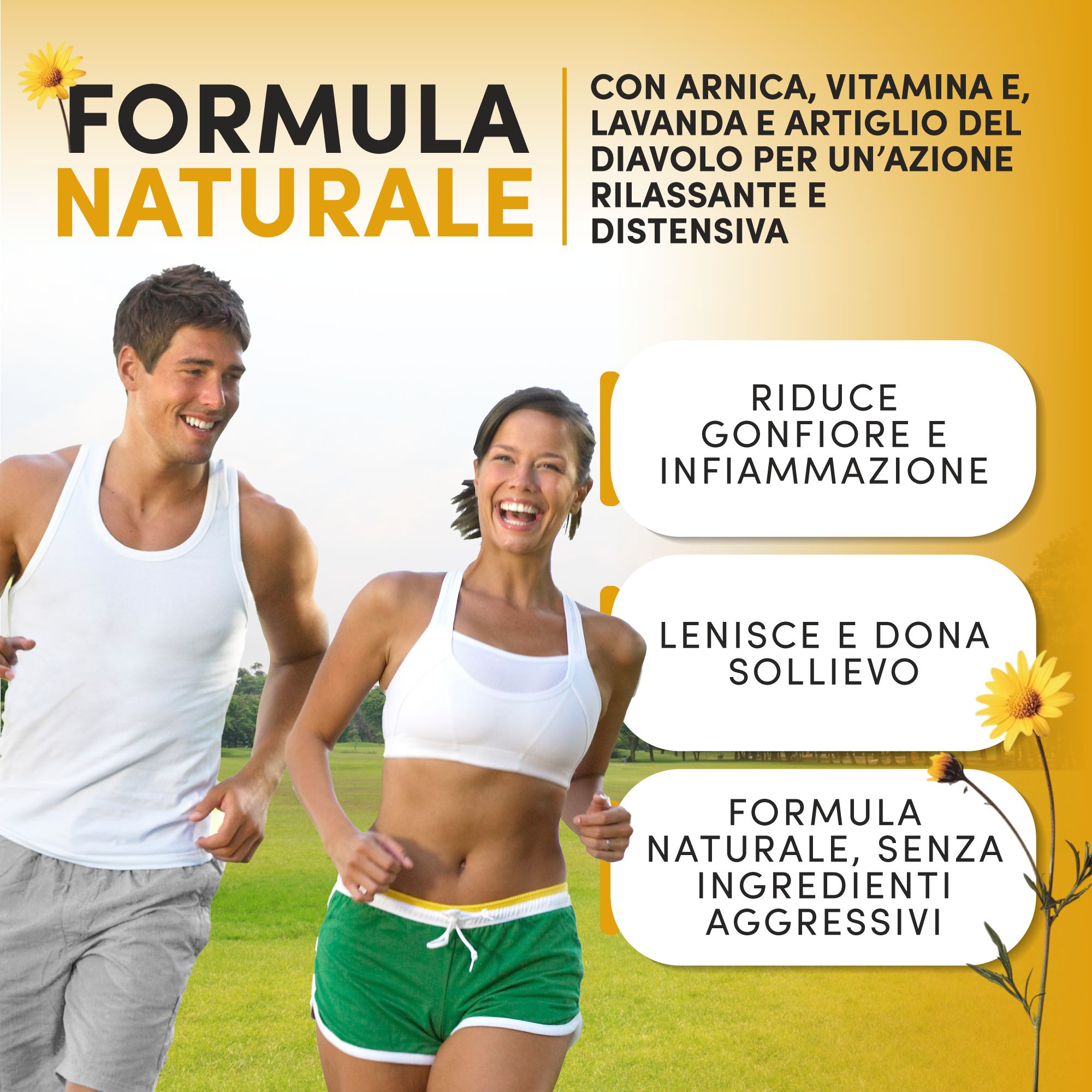 Reclame met hardlopers. Tekst: Natuurlijke formule, met arnica, vitamine E, lavendel. Vermindert zwelling, verzacht en verlicht.