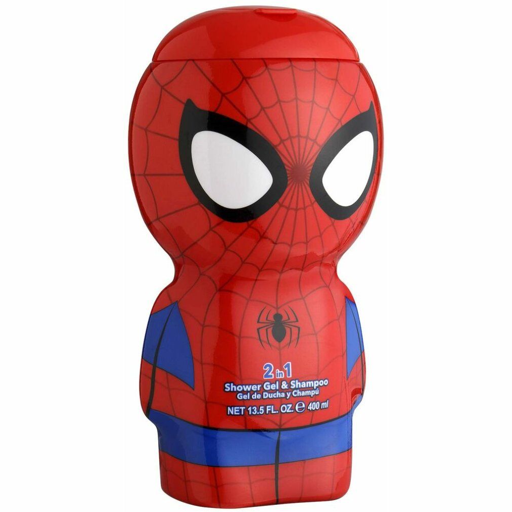 Rode Spiderman fles, 2-in-1 douchegel & shampoo, 400 ml. Spiderman gezicht met ogen, spinnenweb ontwerp, blauwe accenten.