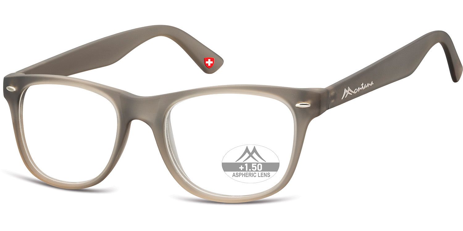 Lunettes à monture grise. Verres avec indication "+1.50 ASPHERIC LENS". Logo "Montana" et croix suisse sur la branche.