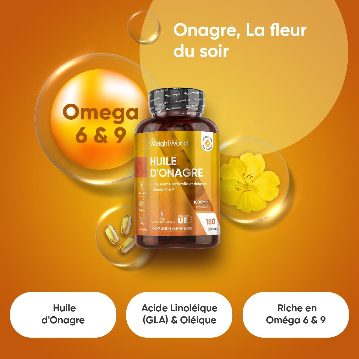 Symboles : Sans OGM, Vegan, Sans gluten, 1 gélule par jour, 1000mg.