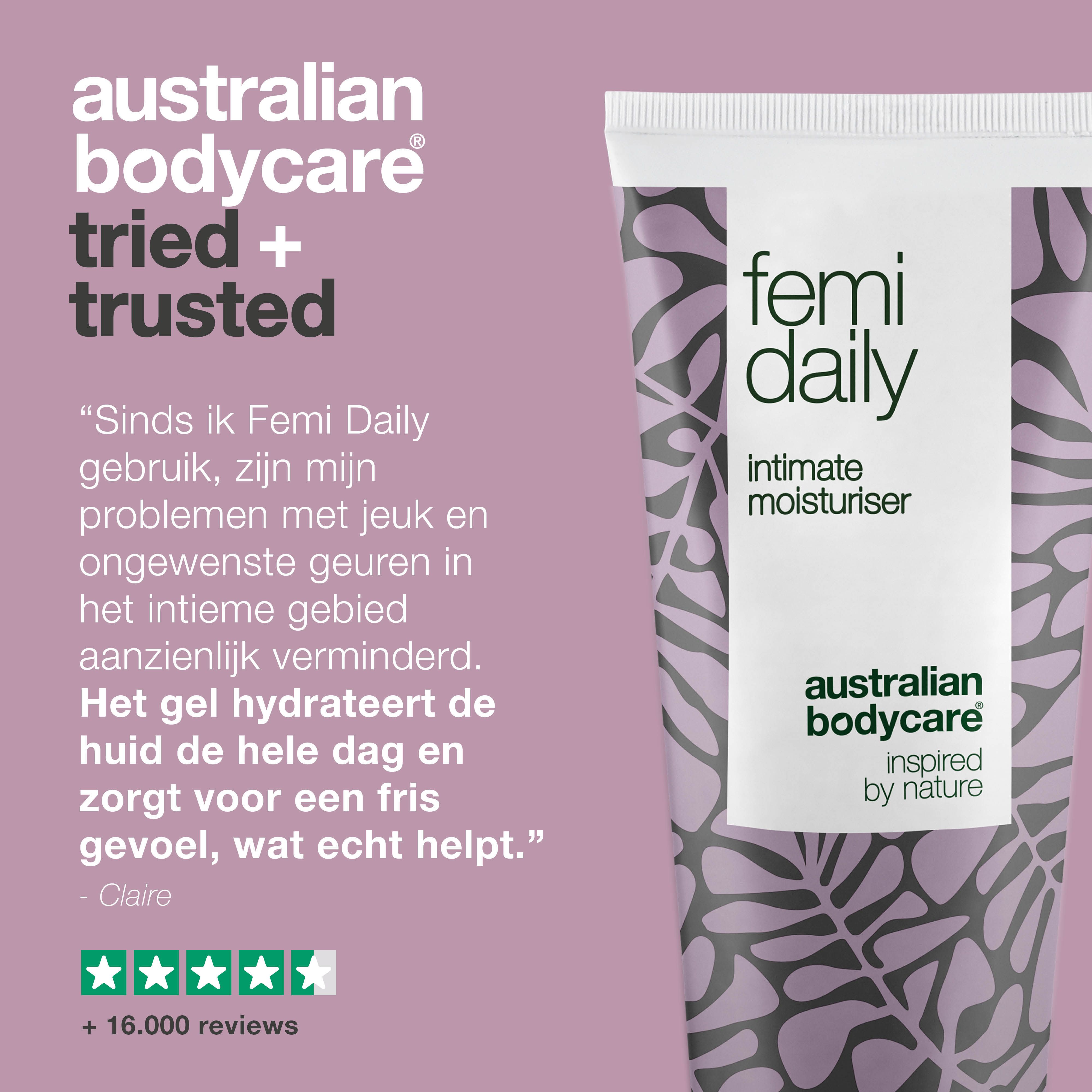 Femi Daily intieme moisturizer. Tekst: Claire, +16.000 beoordelingen. Paars patroon.