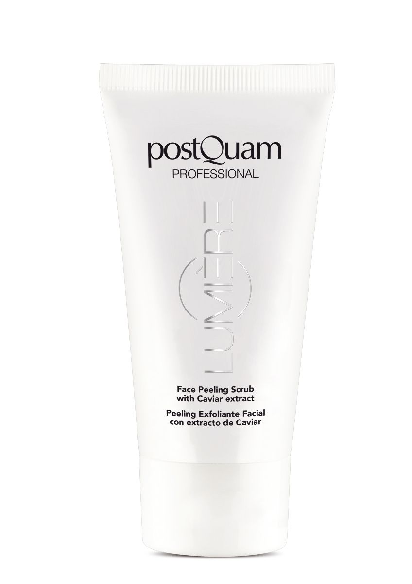Witte tube met productnaam en tekst. Tekst: Face Peeling Scrub with Caviar extract. Op witte achtergrond.