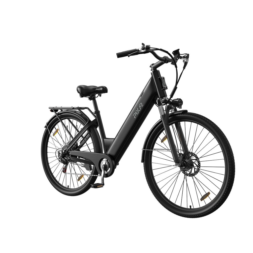 Vélo électrique noir avec porte-bagages. Marque PIXAR sur le cadre. Composants visibles : selle, guidon, roues, garde-boue.