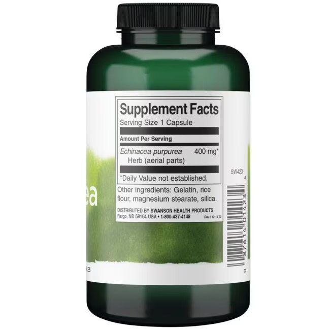 Dos du flacon vert. Étiquette avec informations nutritionnelles. Contient Echinacea purpurea, 400 mg. 100 capsules.