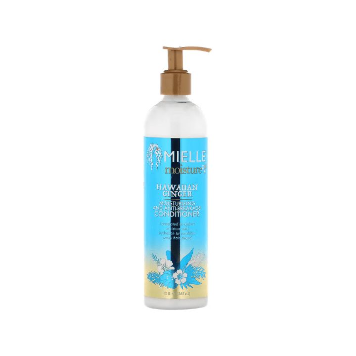 Bouteille de revitalisant capillaire. Inscription: Mielle Moisture RX Hawaiian Ginger. Fond bleu avec éléments floraux.