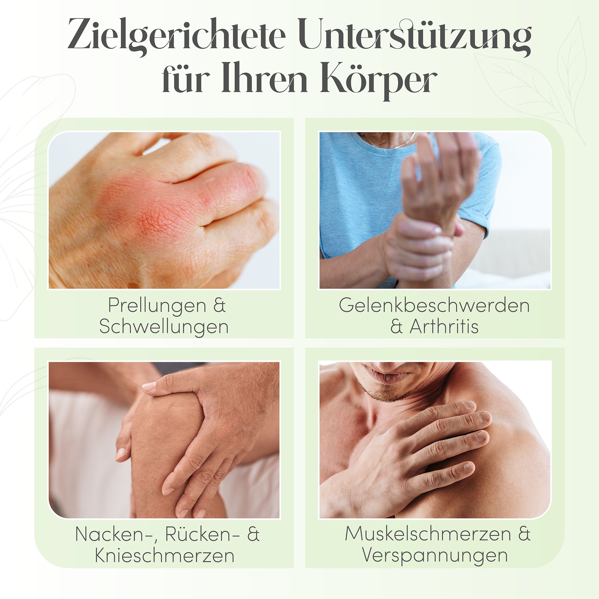 Vier afbeeldingen tonen handen en lichaamsdelen met klachten. Teksten: blauwe plekken, gewrichtspijn, nek- en kniepijn, spierpijn.