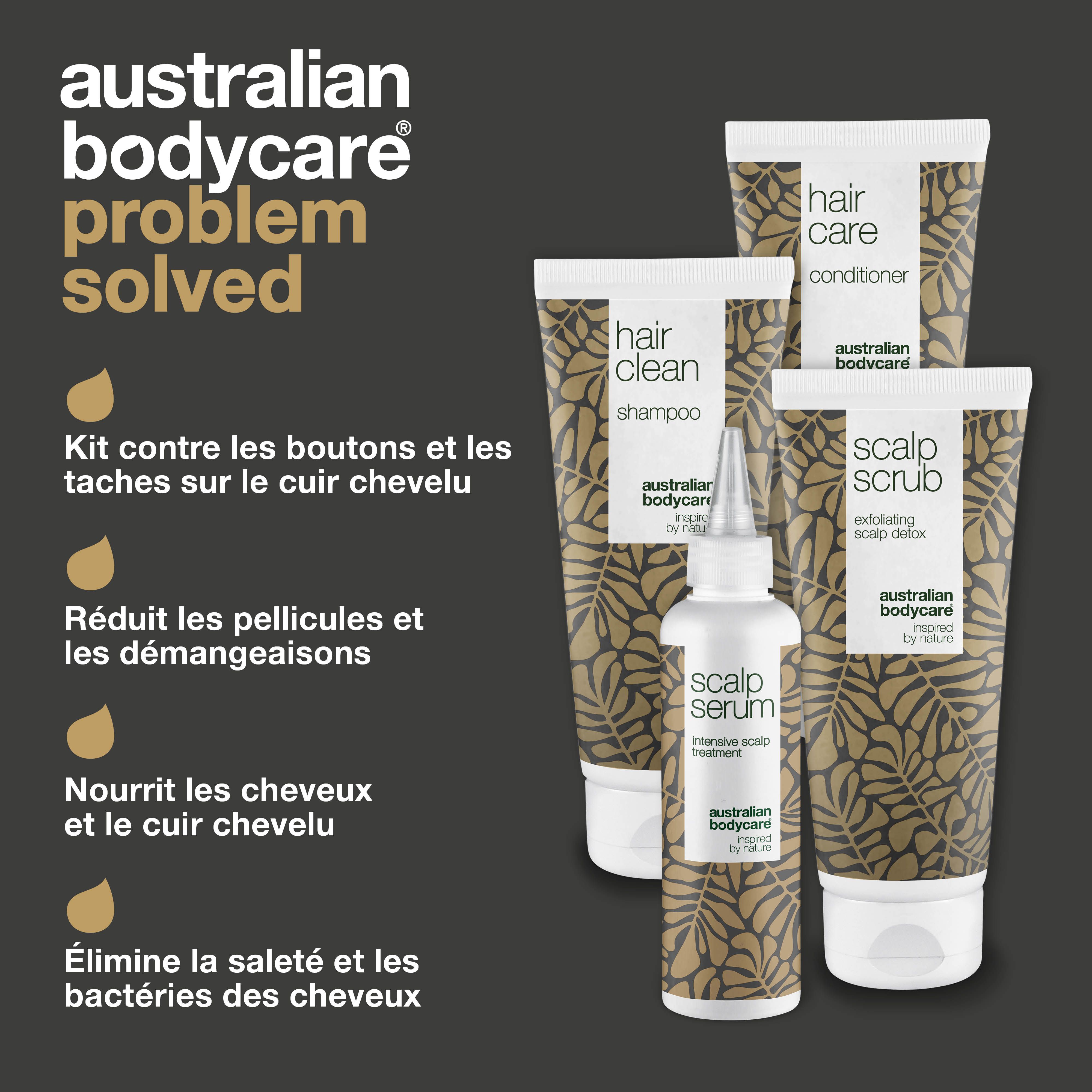 Problème résolu. Produits : shampooing, gommage, revitalisant, sérum. Texte : Kit contre les boutons. Réduit les pellicules.