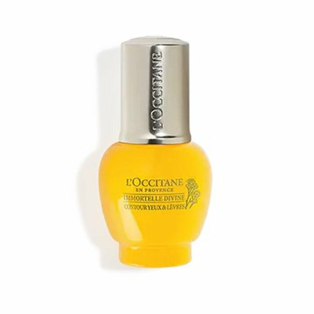 Flacon de gel jaune avec bouchon argenté. Inscription: L'Occitane Immortelle Divine Contour Yeux & Lèvres.