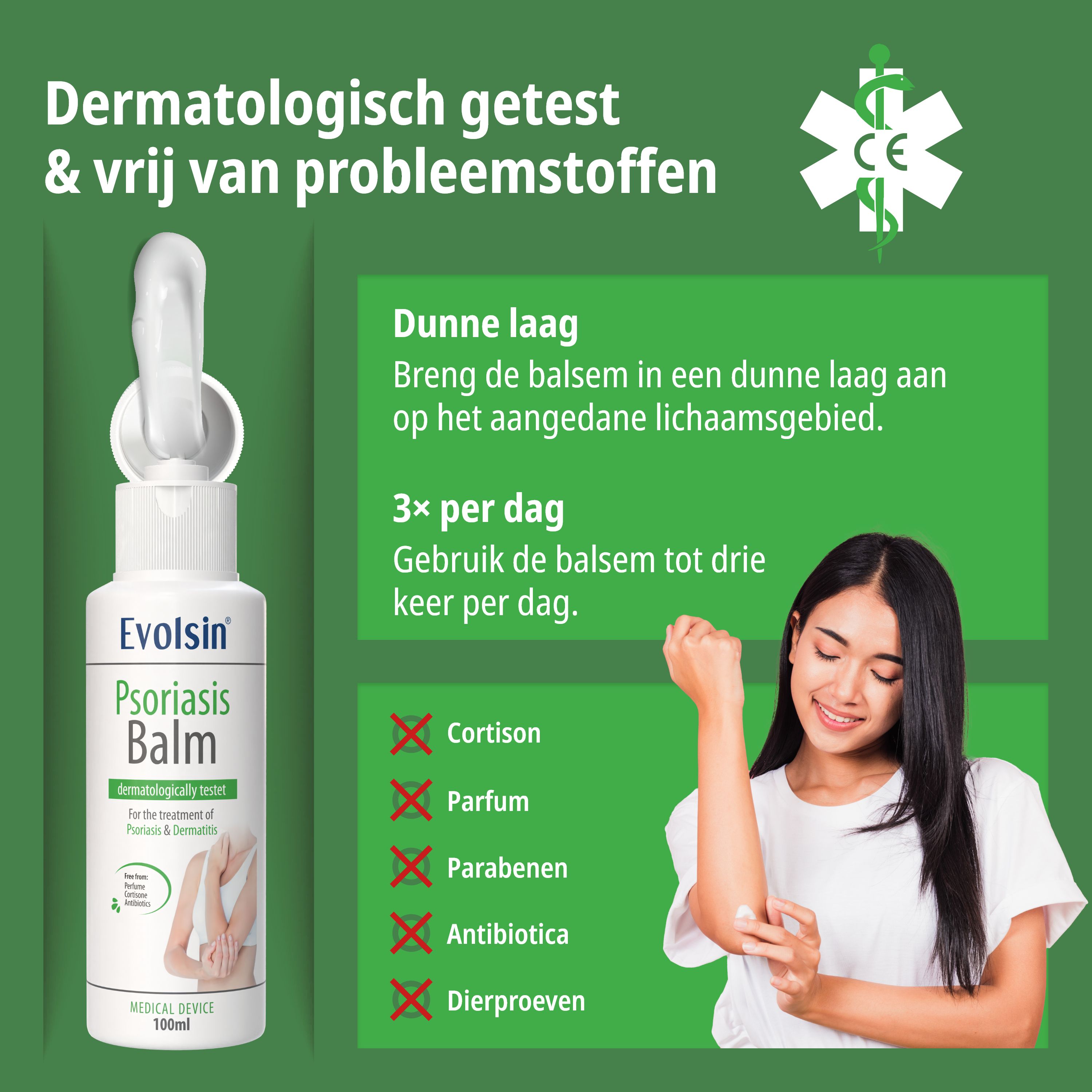 Witte fles Evolsin Psoriasis Balsam. Kalmeert geïrriteerde huid, vermindert jeuk. 100 ml.