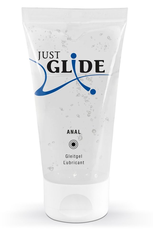 Transparante tube met witte dop. Opschrift: JUST GLIDE ANAL. Glijmiddel Lubricant.