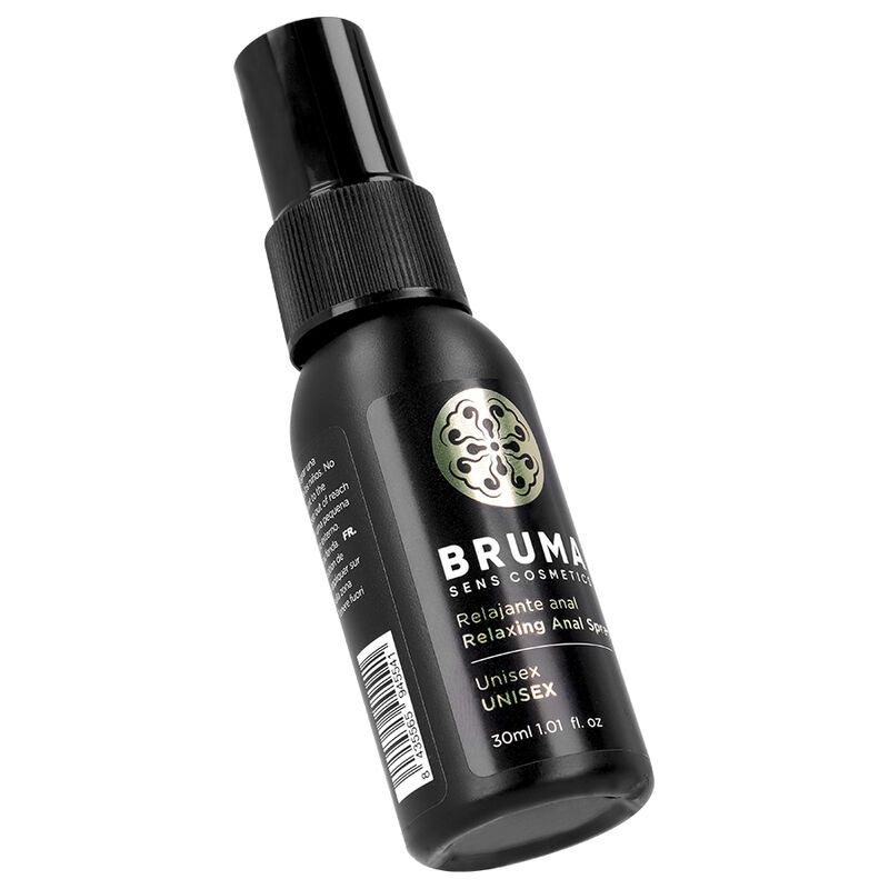 Zwarte fles Bruma Anal Relaxing Spray, schuin van voren.