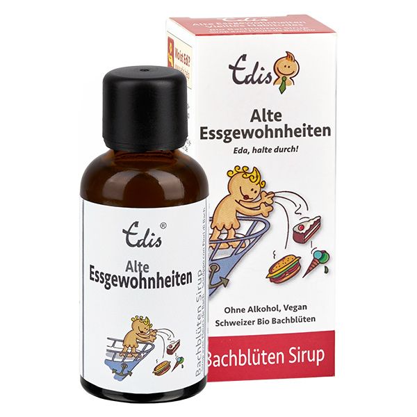 Bruine fles en doos. Opschrift: Edis Alte Essgewohnheiten. Illustratie: kind gooit eten weg. Zonder alcohol, vegan.